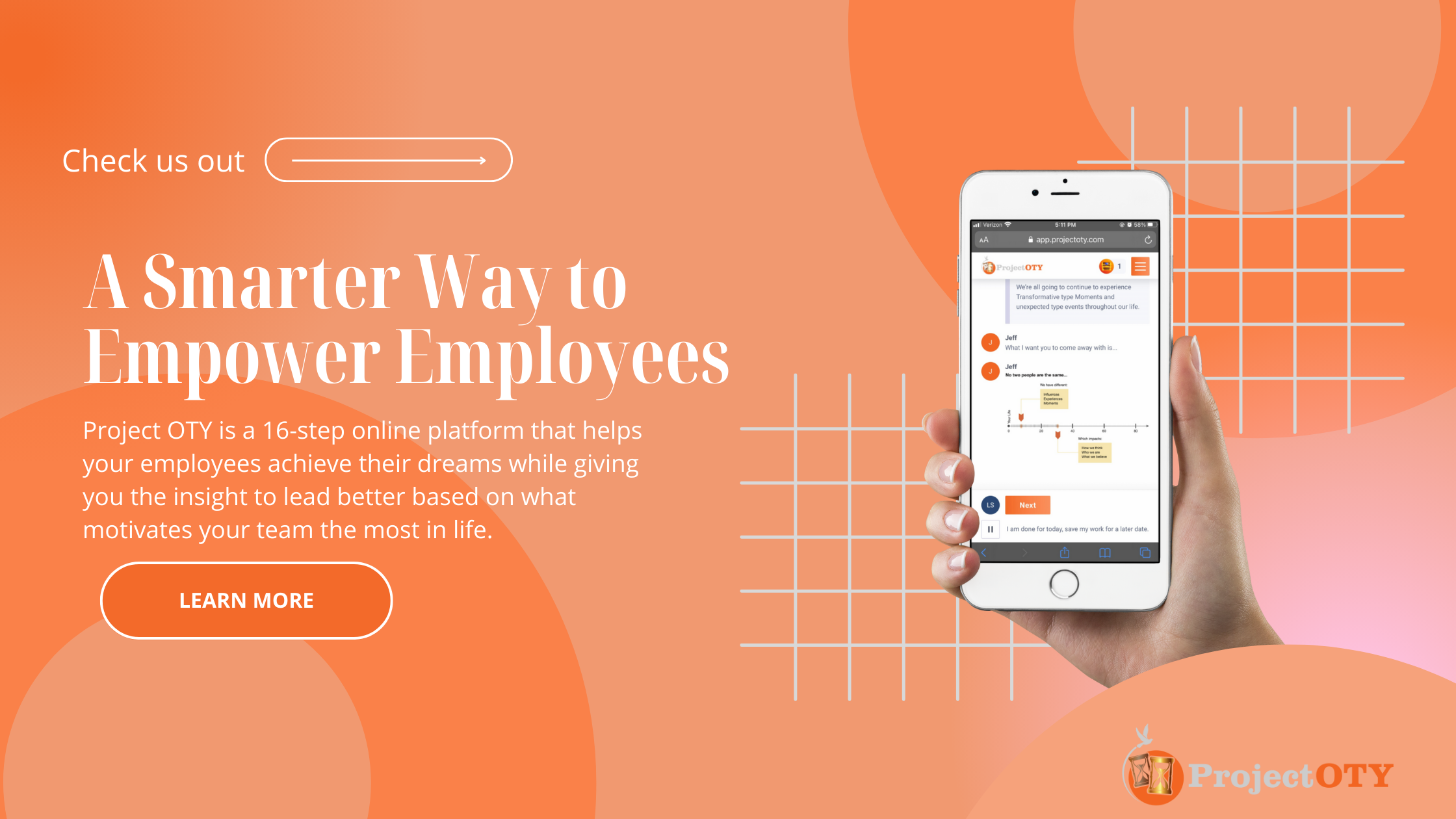 hand holding a phone with Project OTY screenshot on orange background with text reading "a smarter way to empower employees"