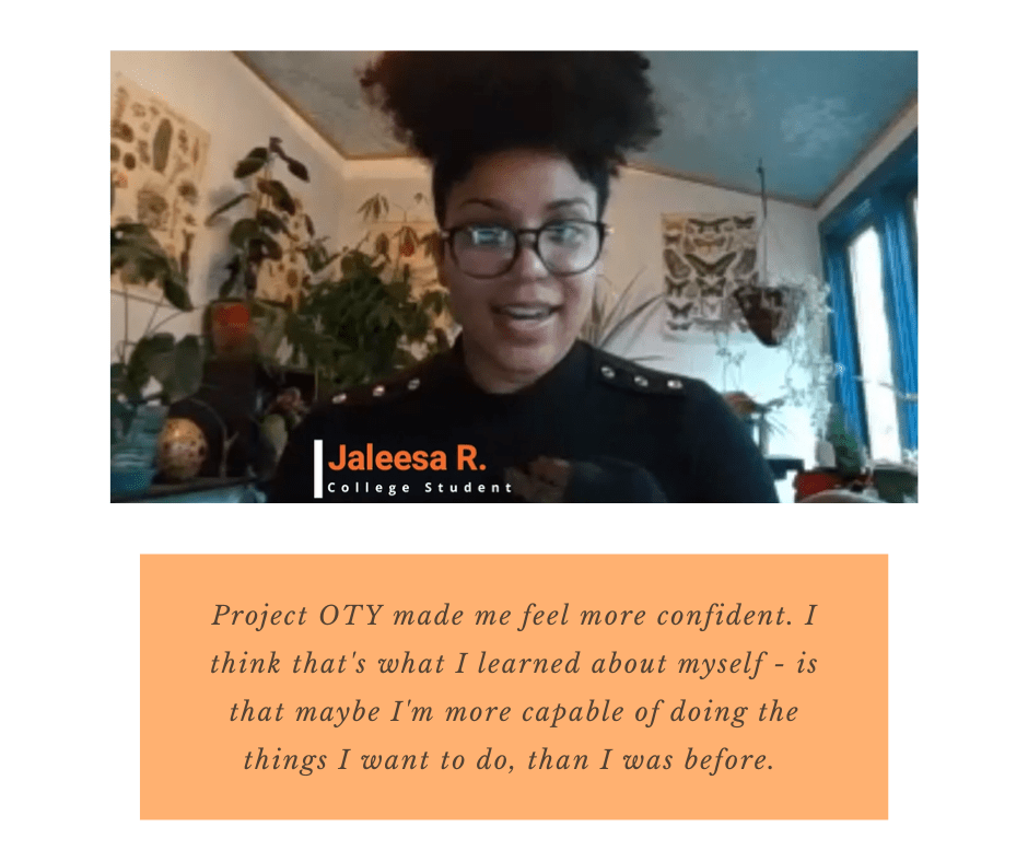 Image of a Black women sitting in a plan-filled room with an orange block quote beneath the image