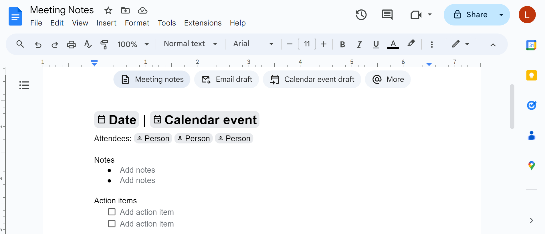 screenshot of meeting notes template in Google Docs