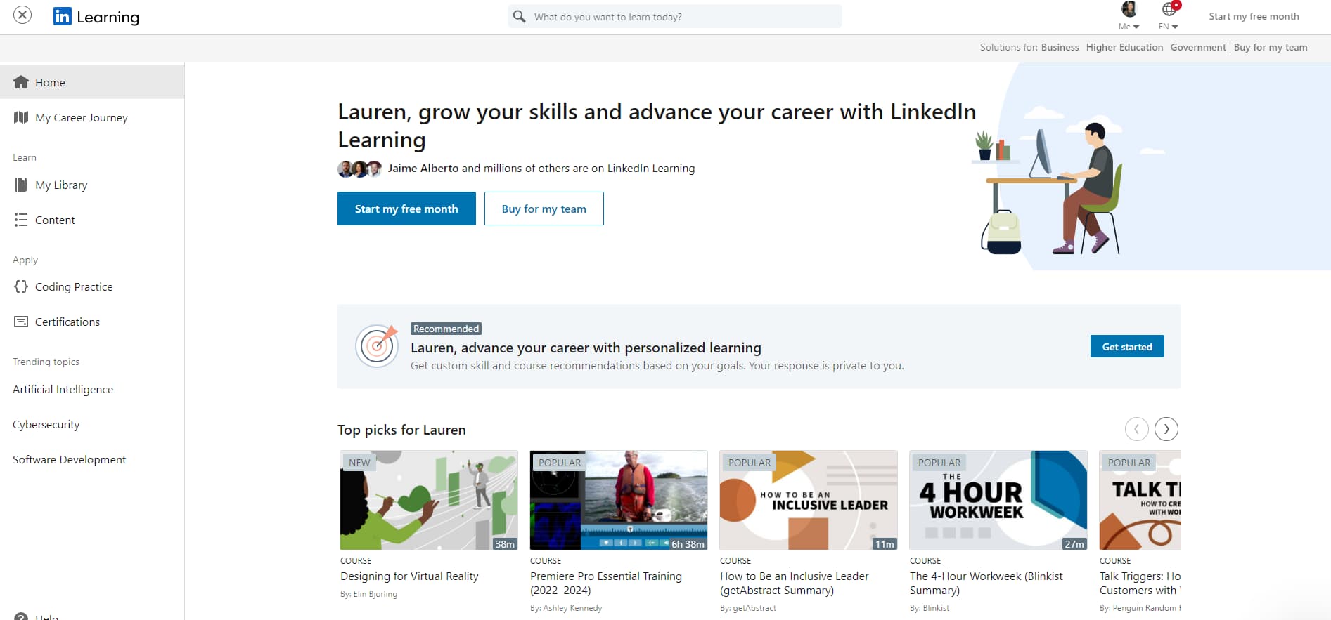 screenshot of the LinkedIn Learning home page