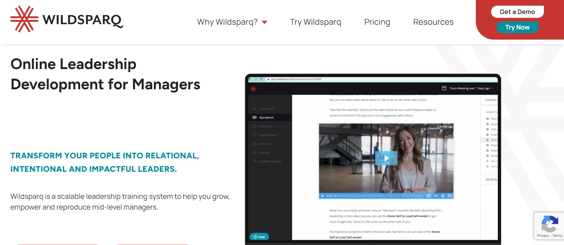screenshot of the Wildsparq leadership development program home page